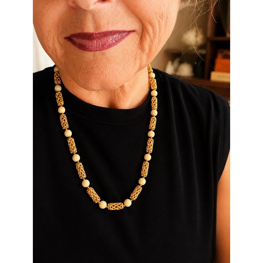 Vintage Gold Tone Filigree Necklace Cream Lucite Beads Mid Century Retro